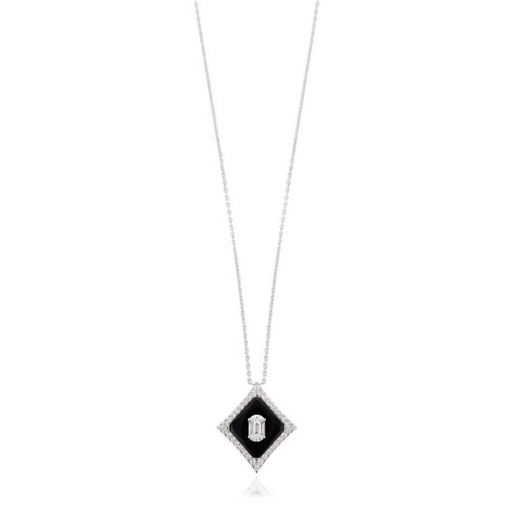 18K Art Deco Inspired Black Onyx Diamond Pendant Necklace Image