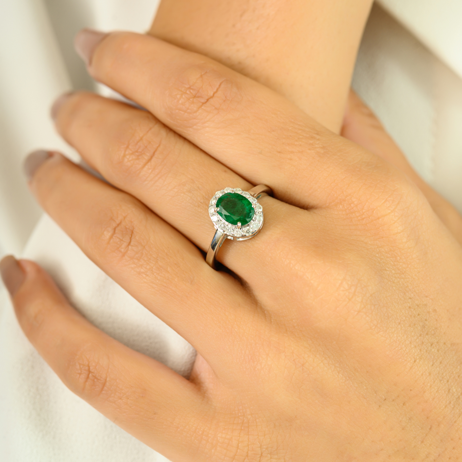 14k White Gold Emerald Halo Diamond Engagement Ring
