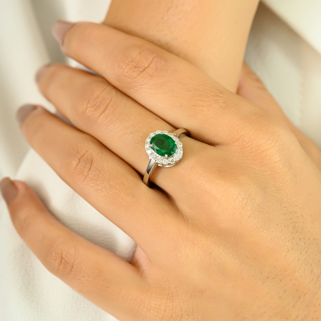 14k White Gold Emerald Halo Diamond Engagement Ring Image