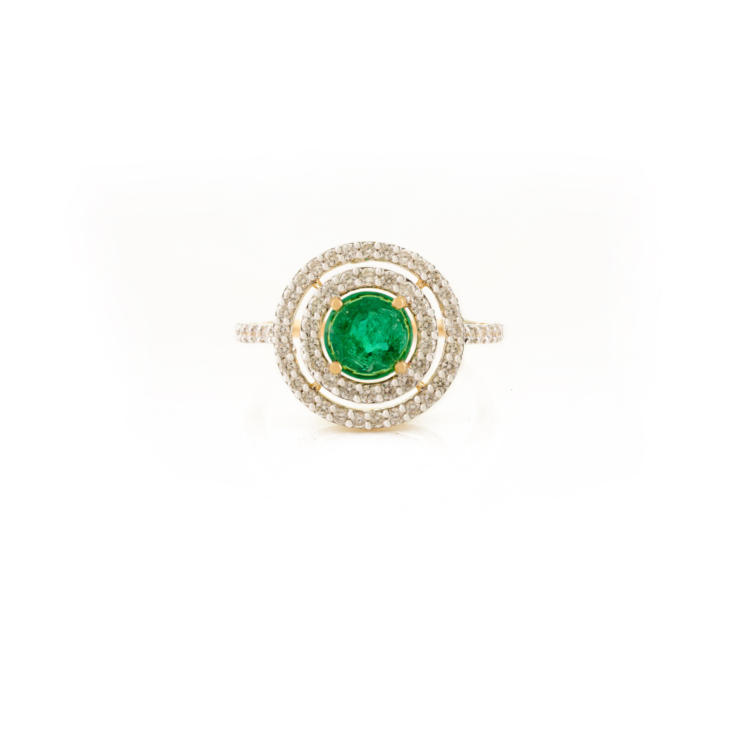 18K Yellow Gold Emerald Double Halo Diamond Ring