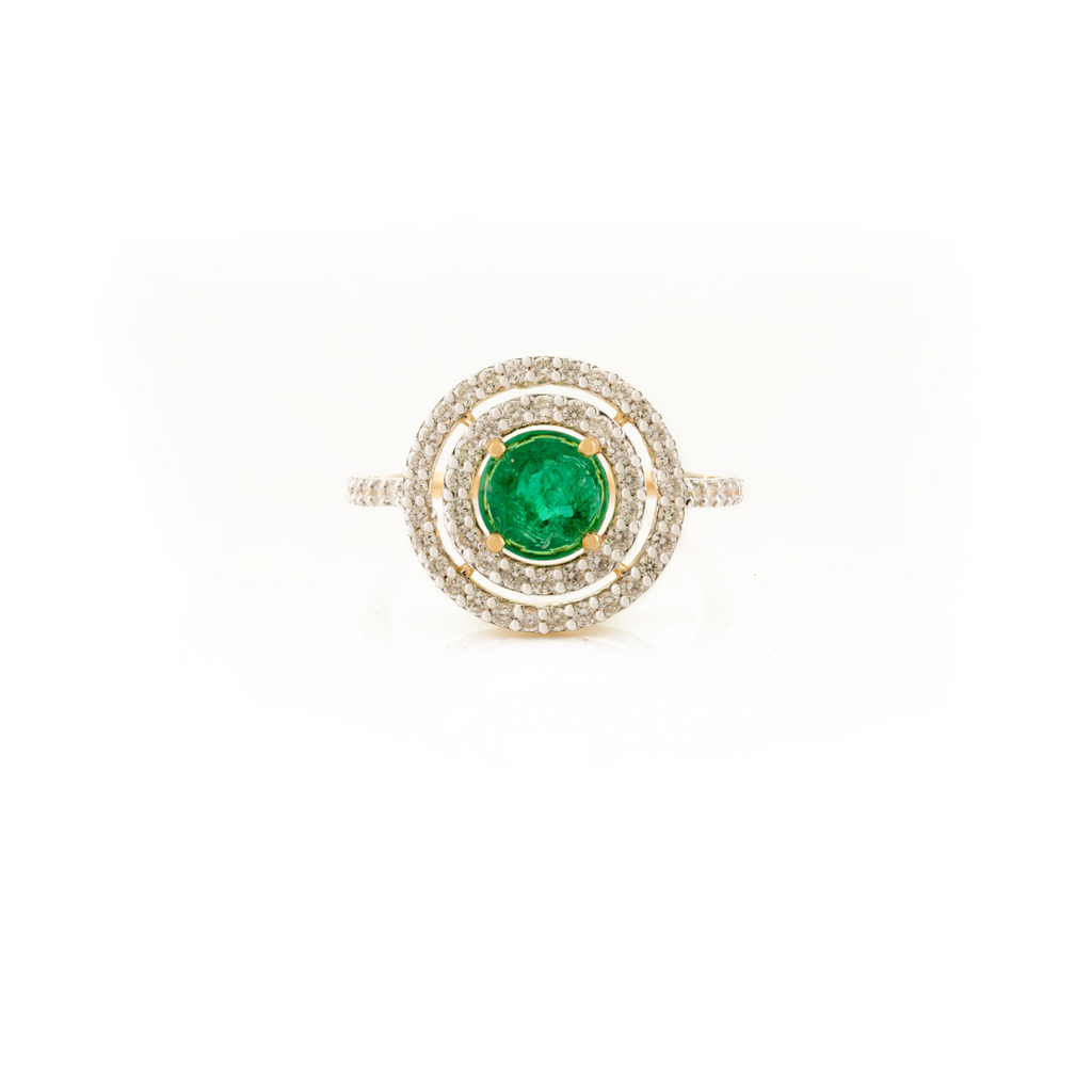18K Yellow Gold Emerald Double Halo Diamond Ring Image