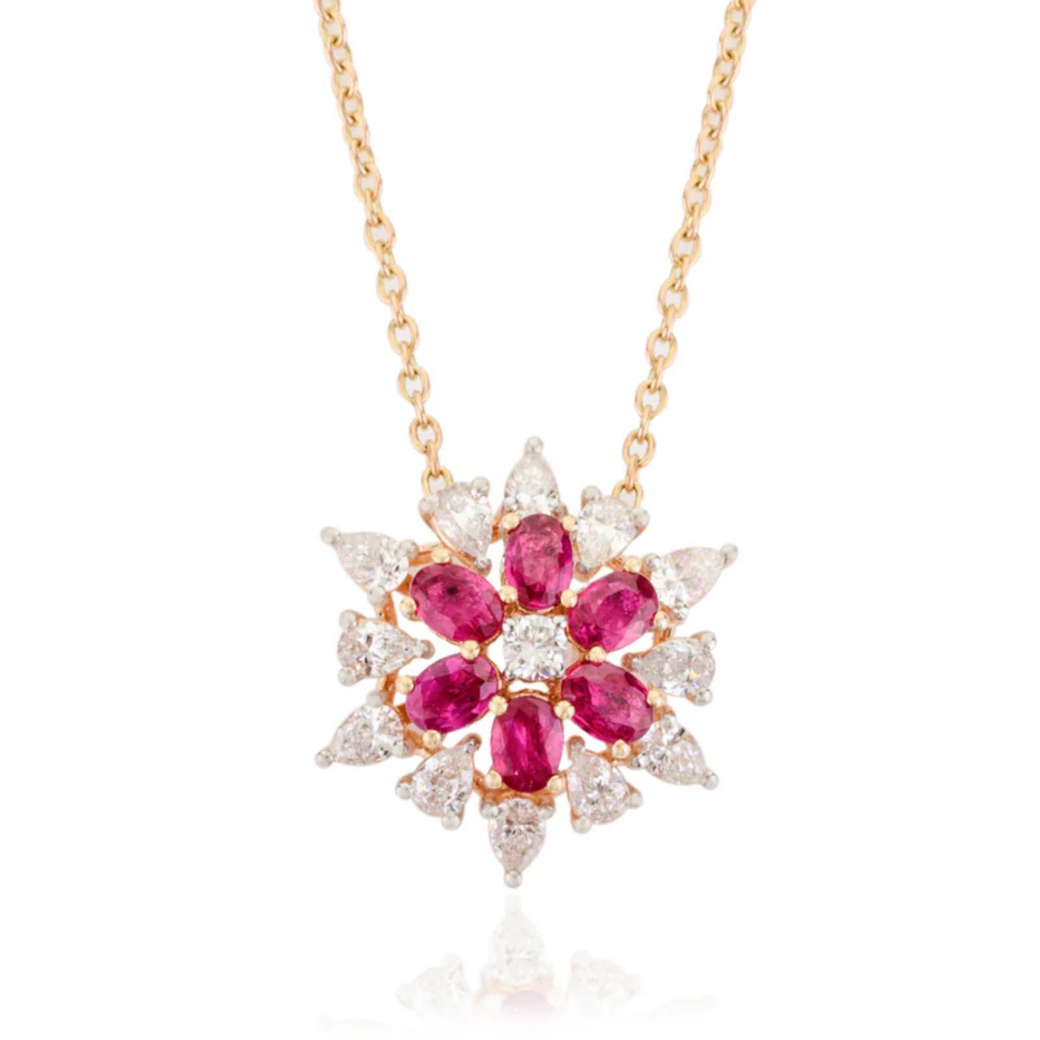 18K Solid Yellow Gold Floral Ruby Pendant Necklace