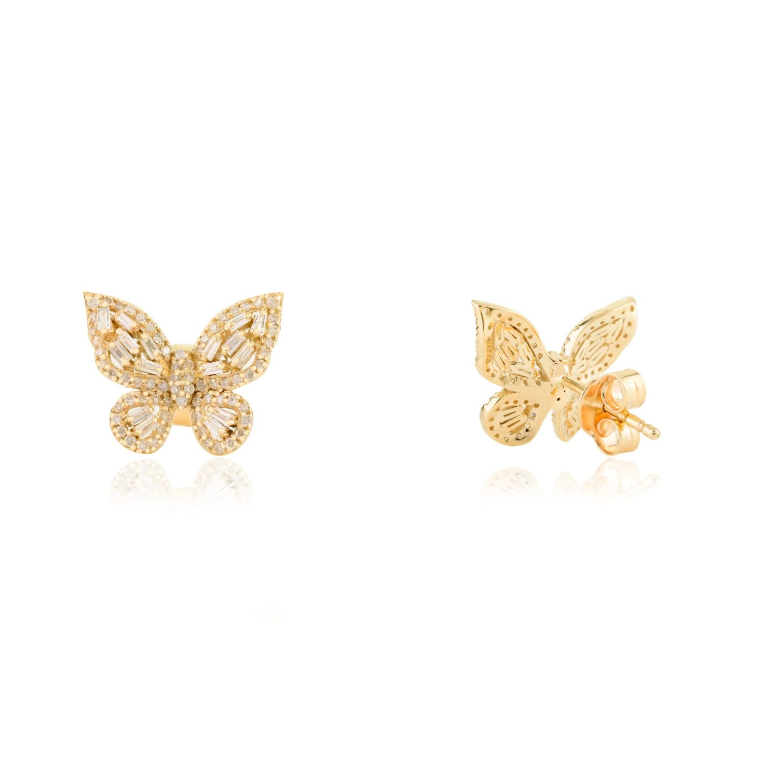 14K Yellow Gold Diamond Butterfly Stud Earrings