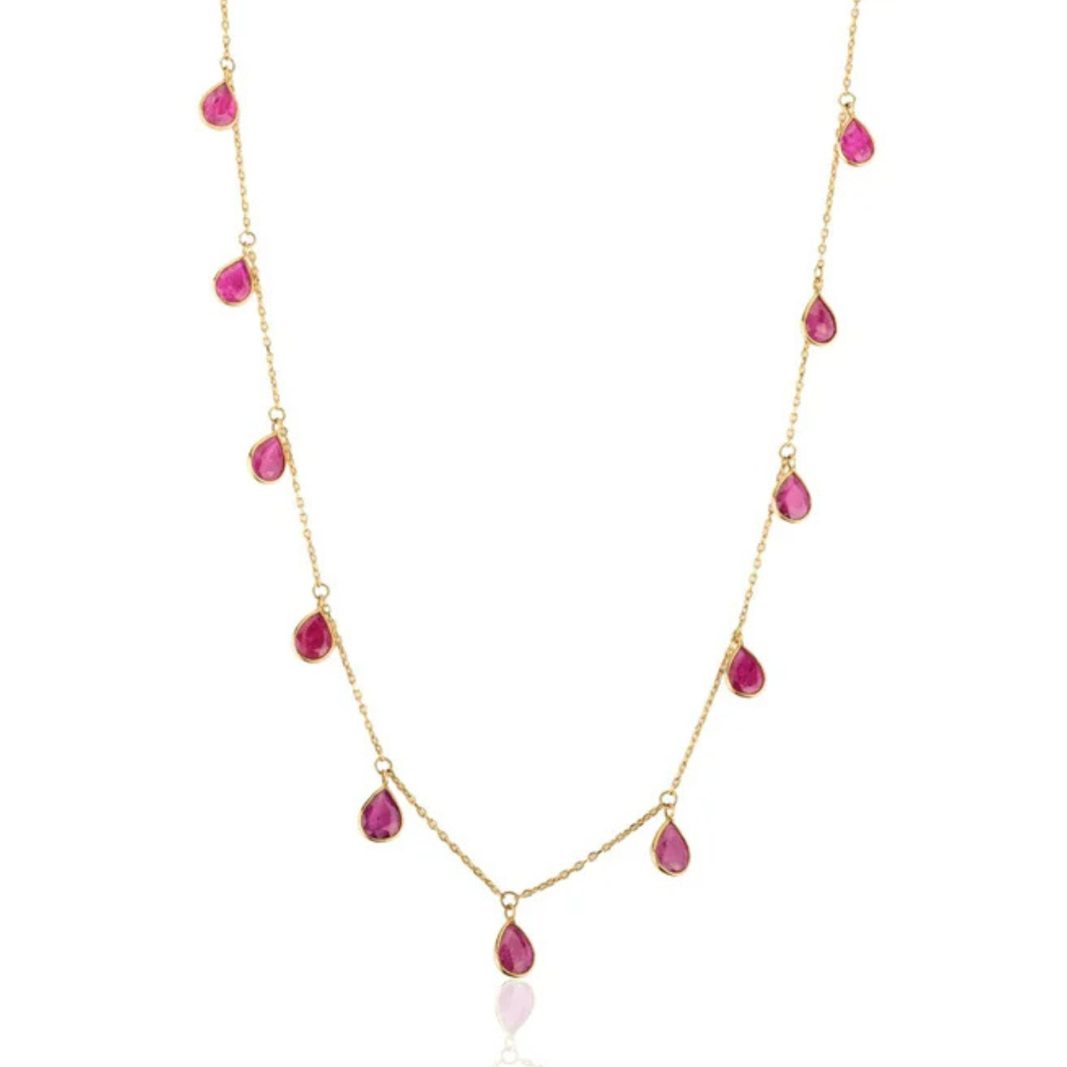 18K Solid Yellow Gold Ruby Station Necklace