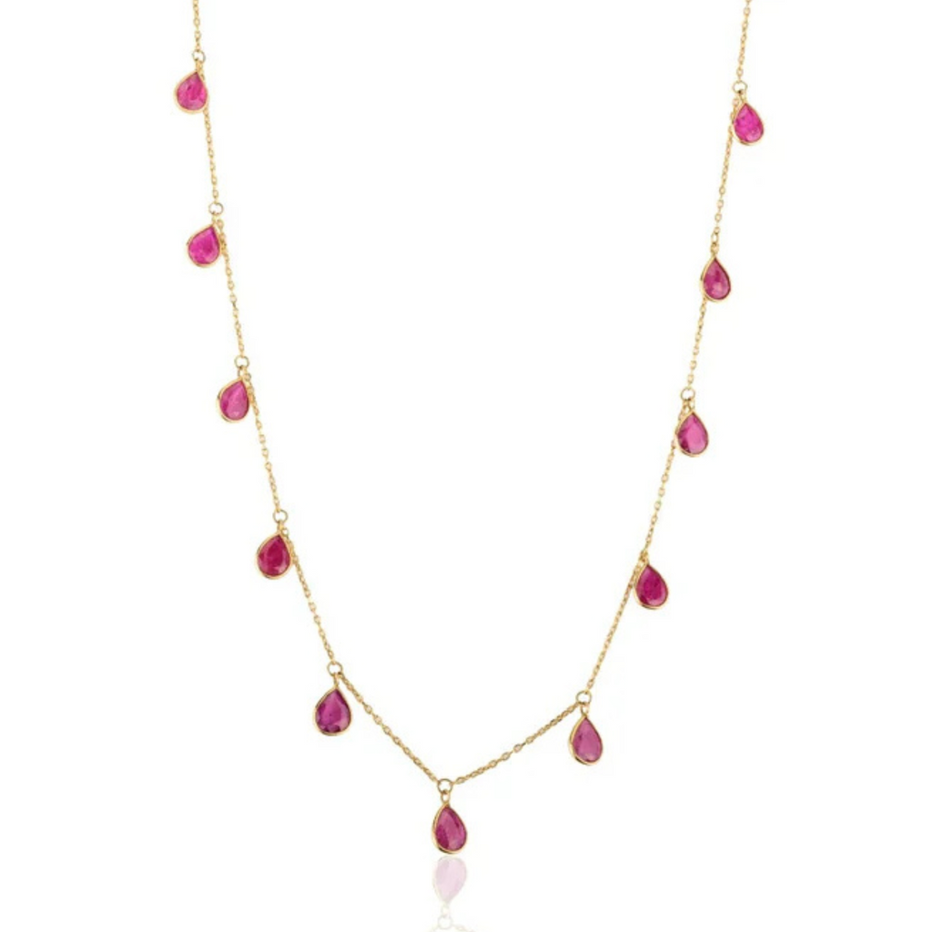 18K Solid Yellow Gold Ruby Station Necklace Image