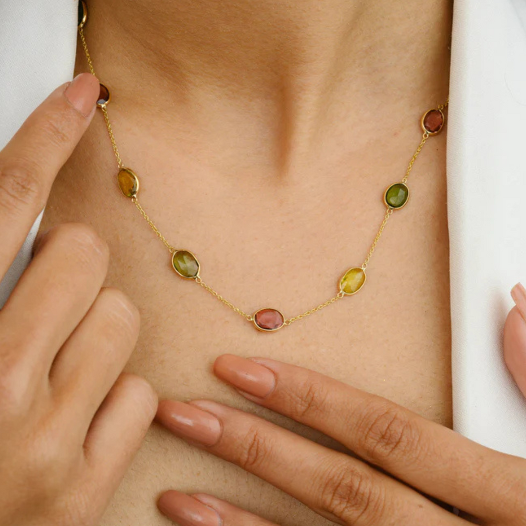 18K Gold Tourmaline Gemstone Station Necklace Image
