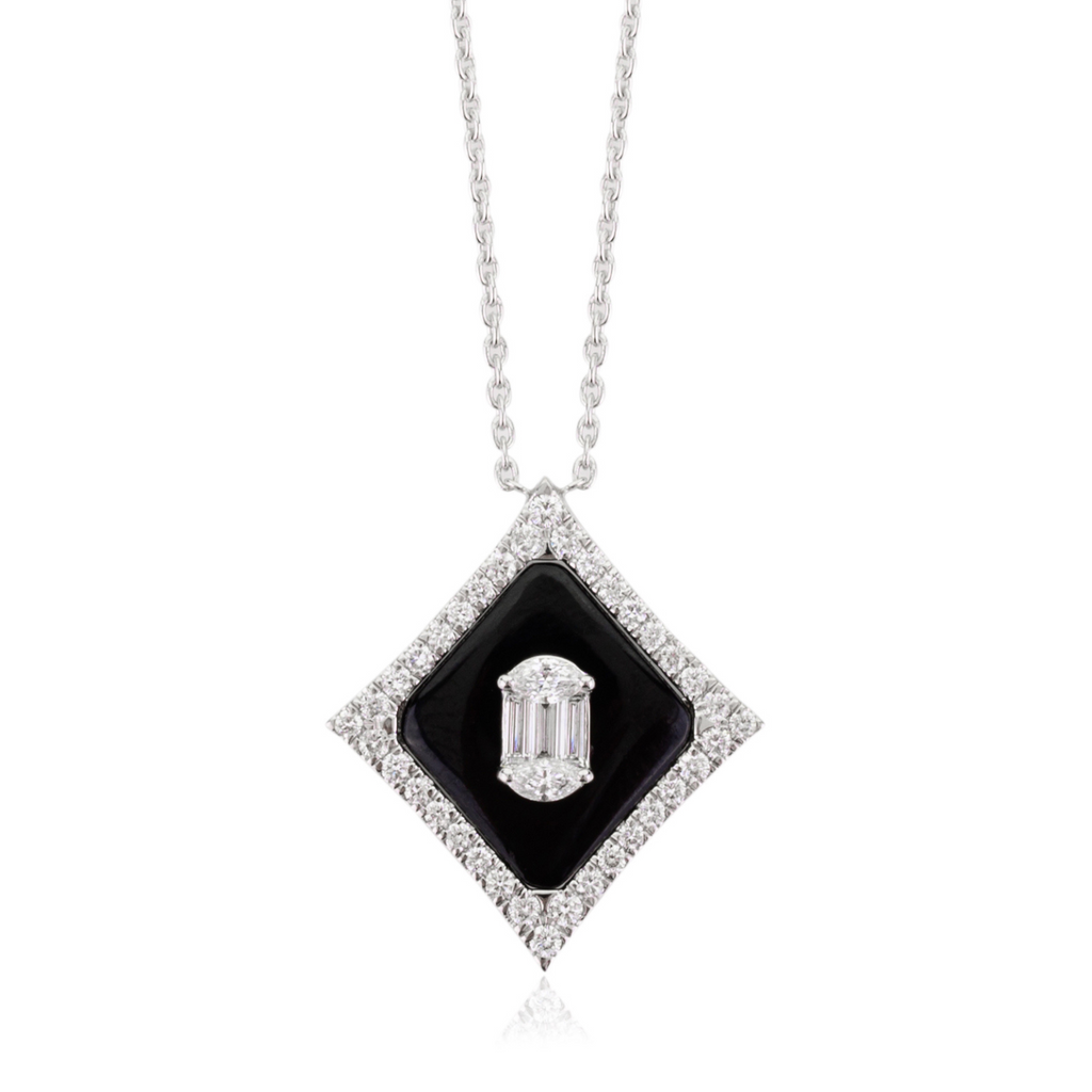 18K Art Deco Inspired Black Onyx Diamond Pendant Necklace Image