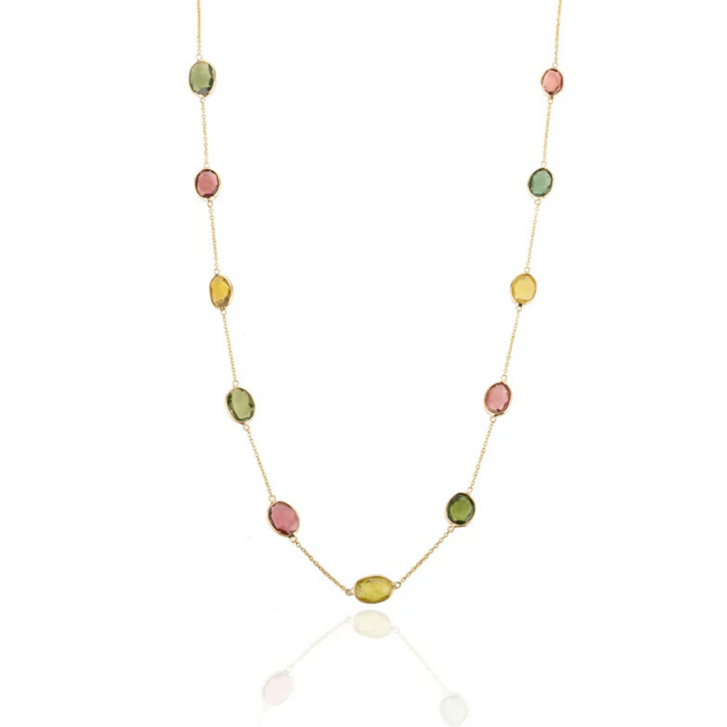 18K Gold Tourmaline Gemstone Station Necklace Image