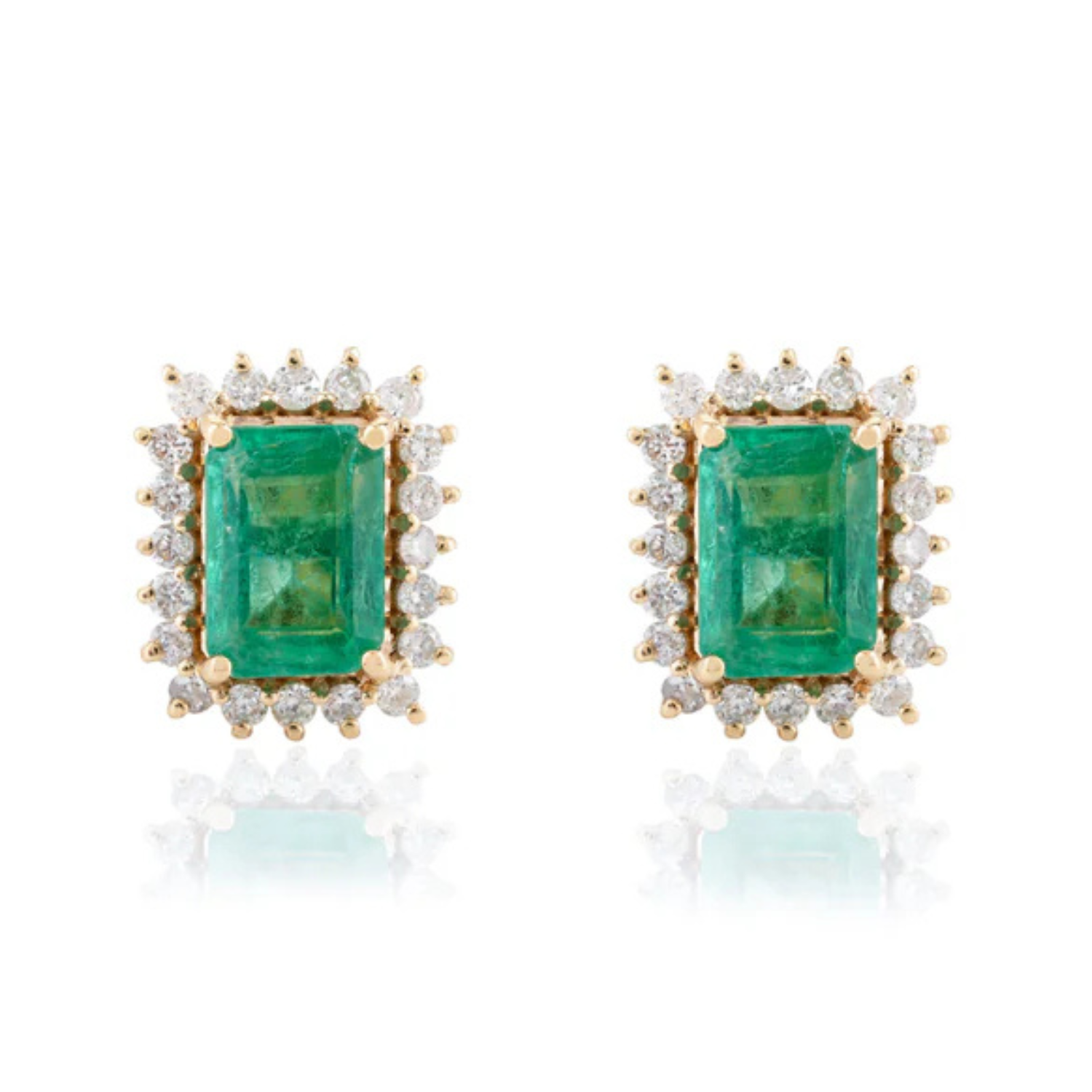 18K Gold Emerald Halo Diamond Stud Earrings