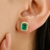 18K Gold Emerald Halo Diamond Stud Earrings Thumbnail