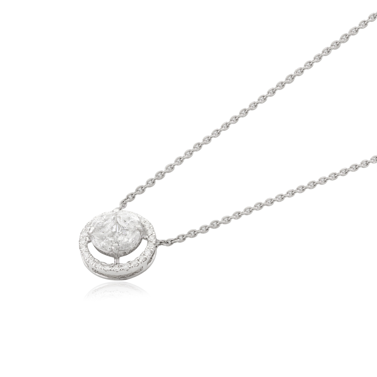 18K White Gold Brilliant Diamond Halo Pendant Necklace