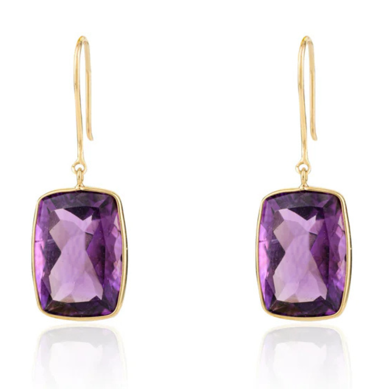 18K Solid Yellow Gold Amethyst Dangle Earrings