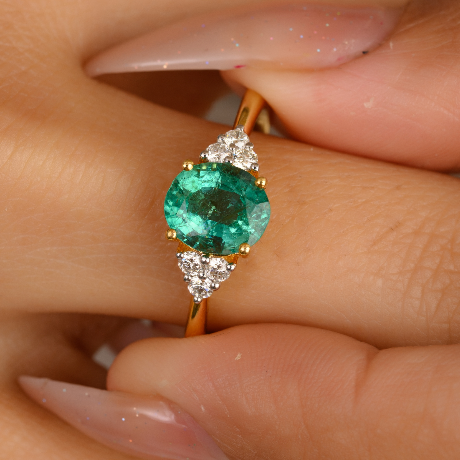 14K Solid Yellow Gold Emerald Diamond Statement Ring - vrjewels-us