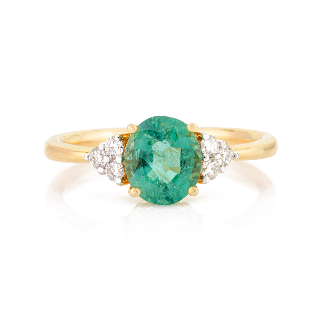 14K Solid Yellow Gold Emerald Diamond Statement Ring Image