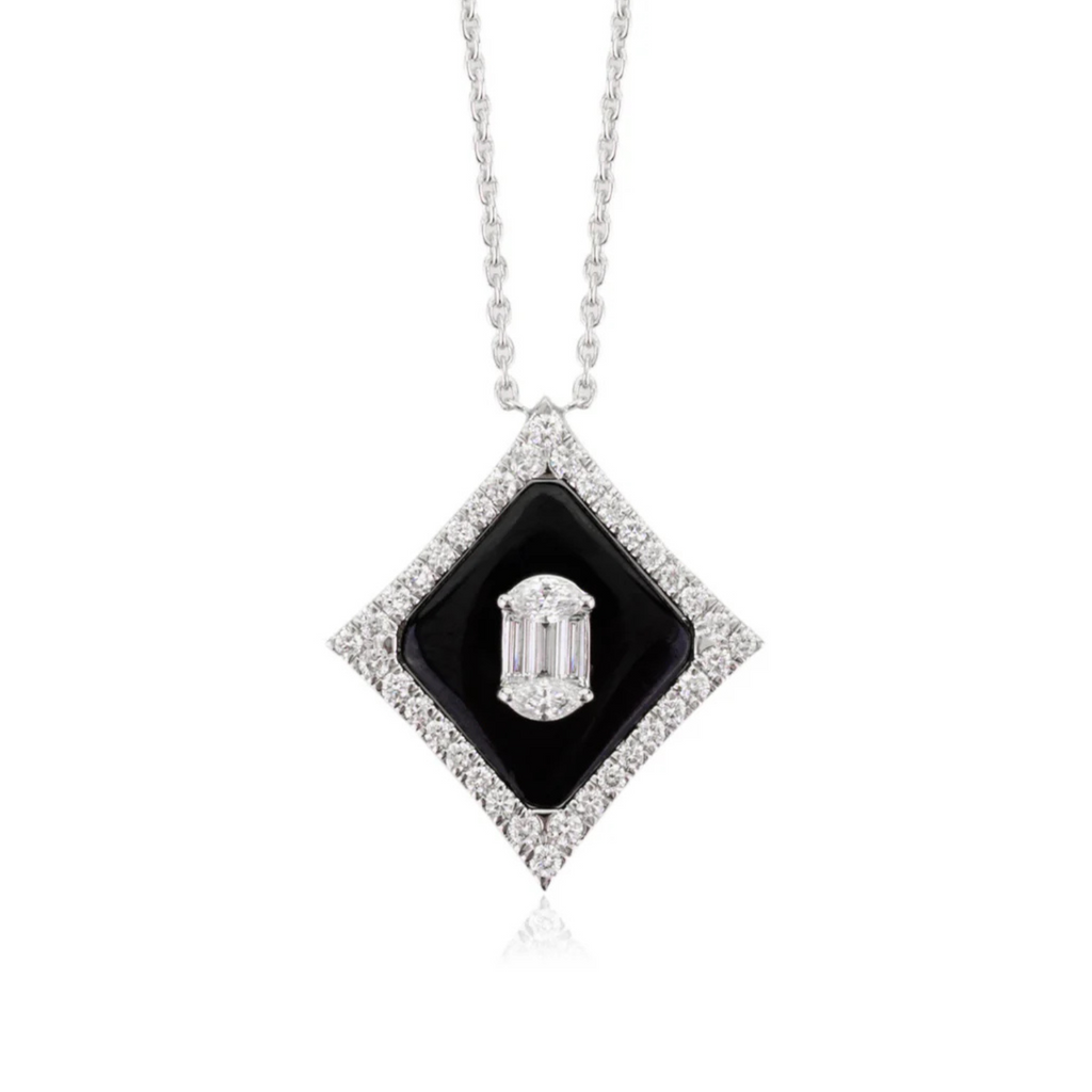 18K Art Deco Inspired Black Onyx Diamond Pendant Necklace Image