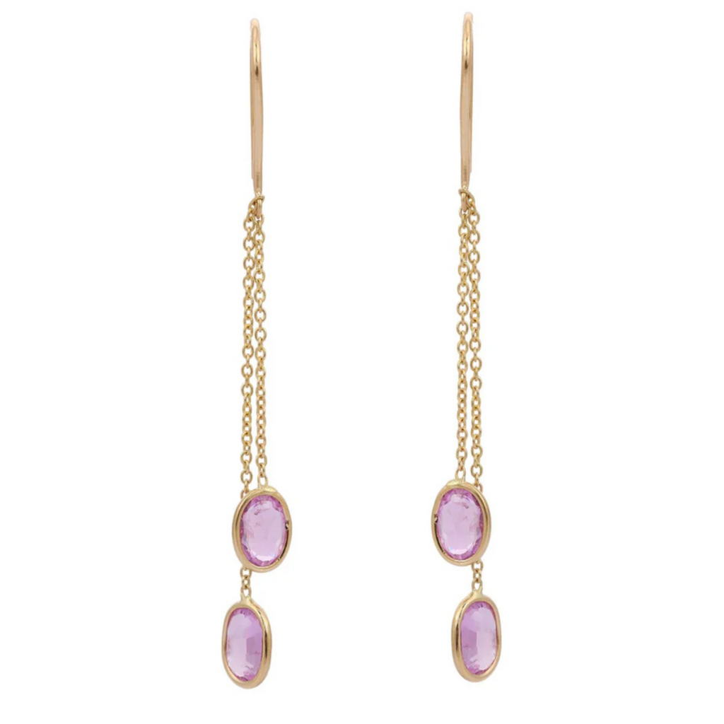 18K Gold Pink Sapphire Chain Dangle Earrings Image