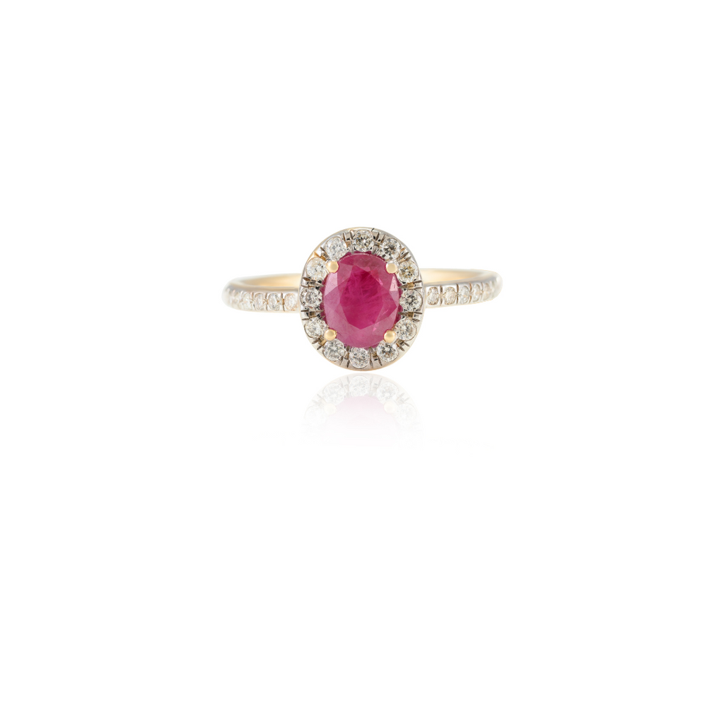 14K Gold Oval Ruby and Halo Diamond Ring Image