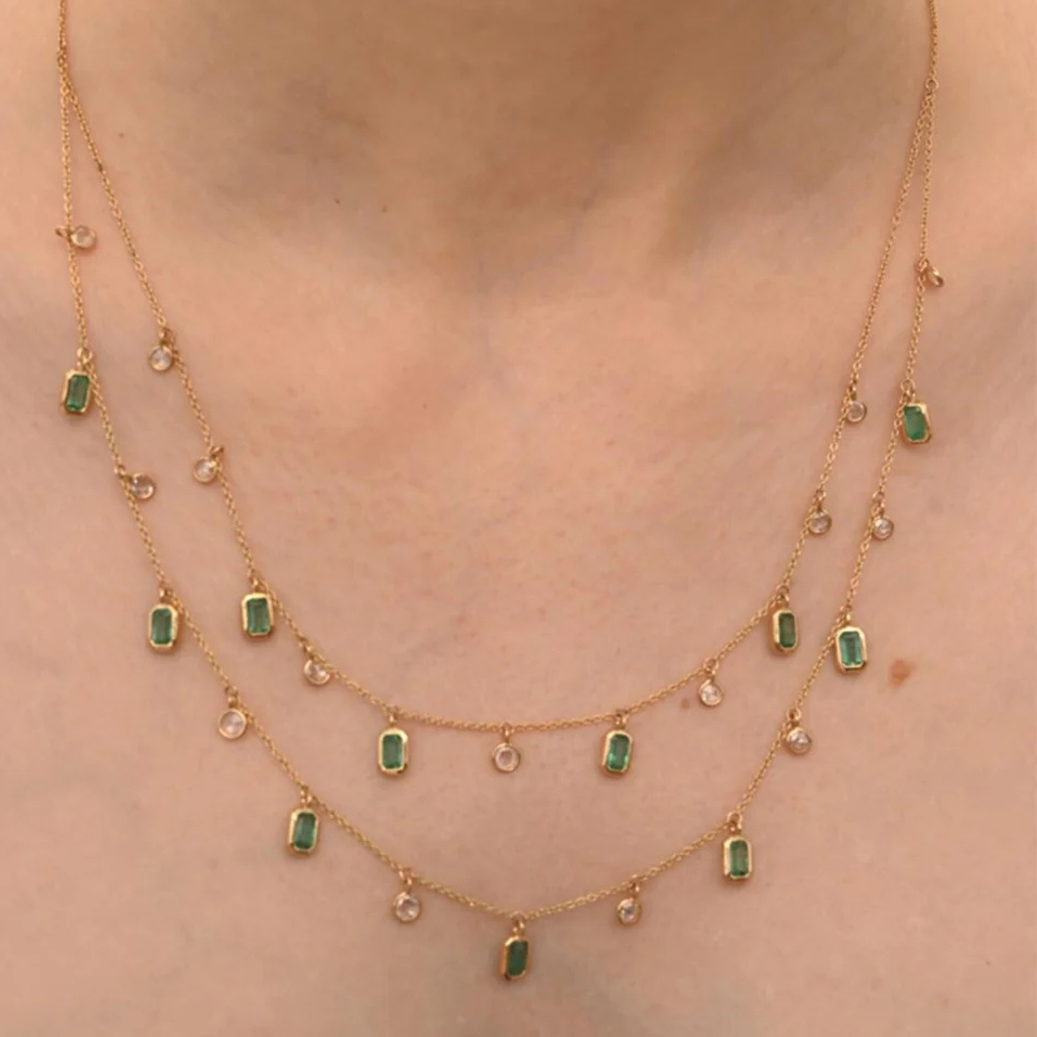 18K Emerald and Diamond Station Charm Necklace