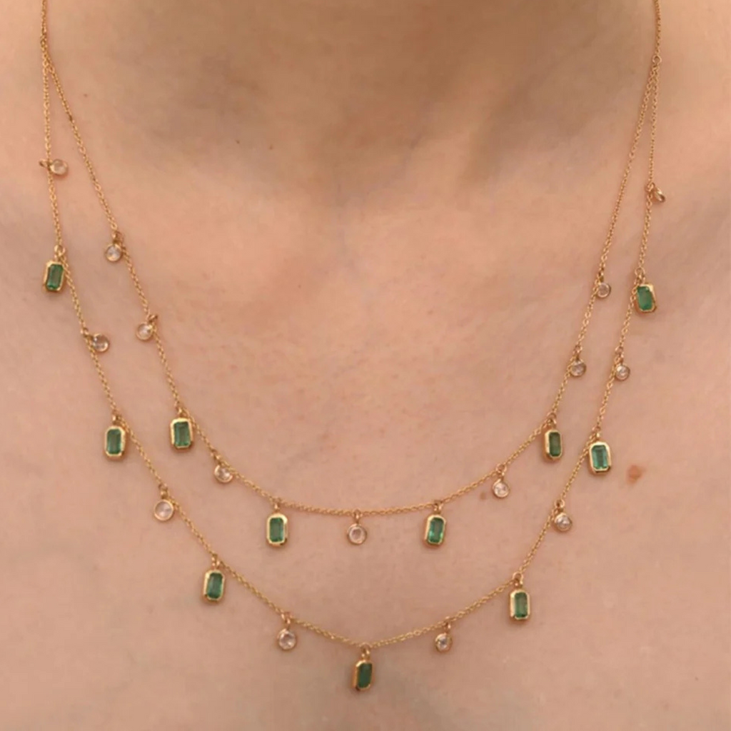 18K Emerald and Diamond Station Charm Necklace Image