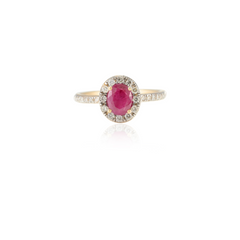 14K Gold Oval Ruby and Halo Diamond Ring