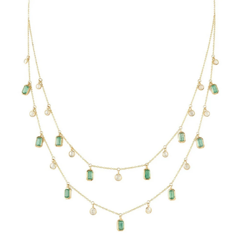 18K Emerald and Diamond Station Charm Necklace Image