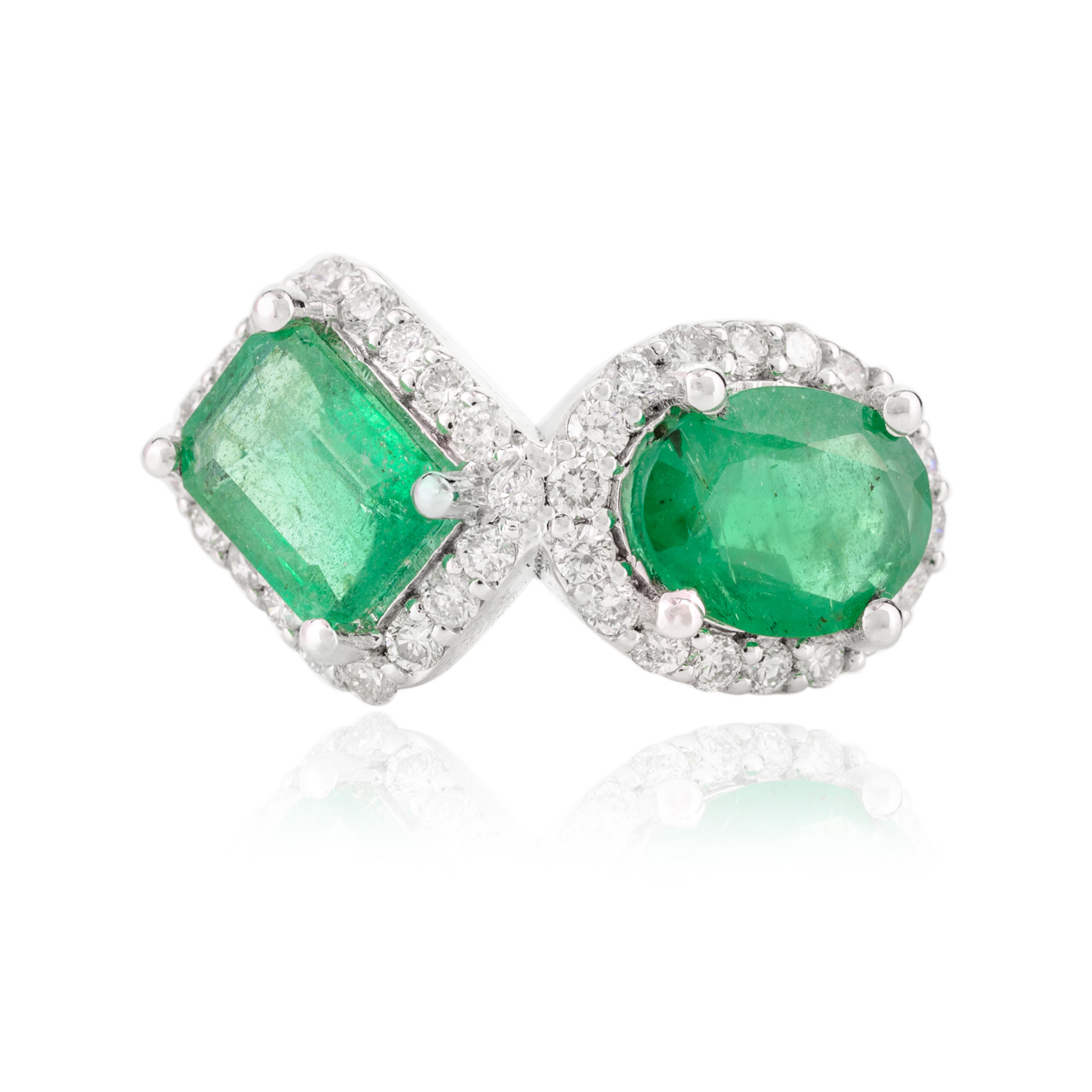 14K Solid White Gold Emerald Diamond Toi et Moi Ring - vrjewels-us