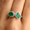 14K Solid White Gold Emerald Diamond Toi et Moi Ring Thumbnail