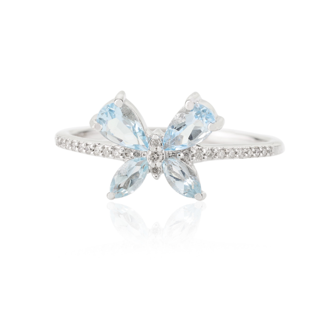 18K Solid White Gold Aquamarine Butterfly Ring Image