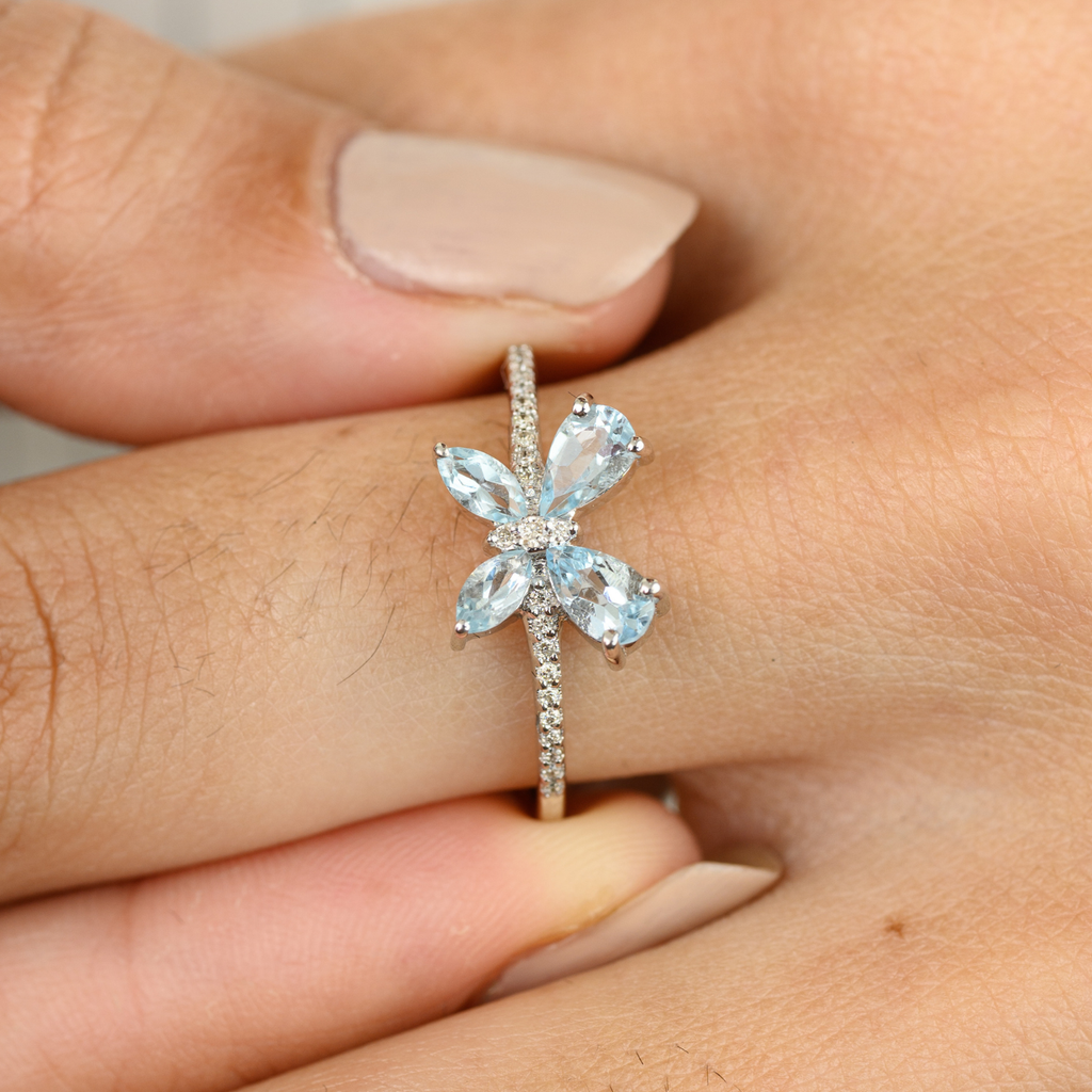 18K Solid White Gold Aquamarine Butterfly Ring Image