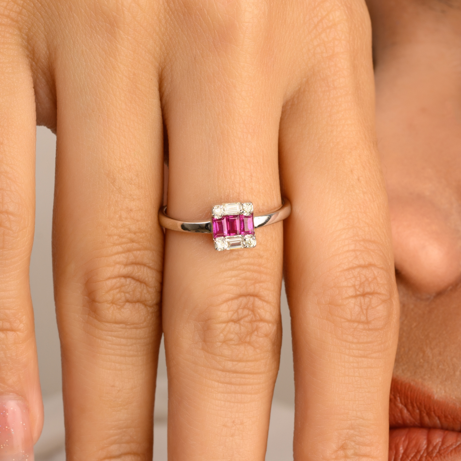 14K Solid White Gold Ruby Diamond Ring