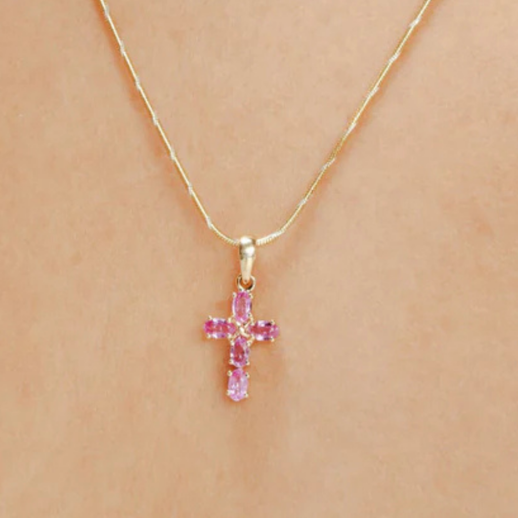 14K Gold Pink Sapphire Cross Pendant Image