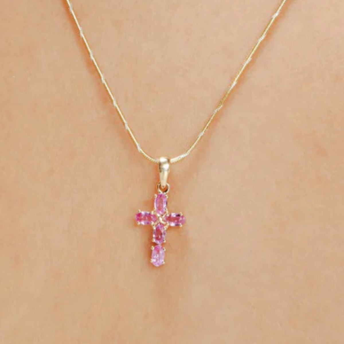 14K Gold Pink Sapphire Cross Pendant