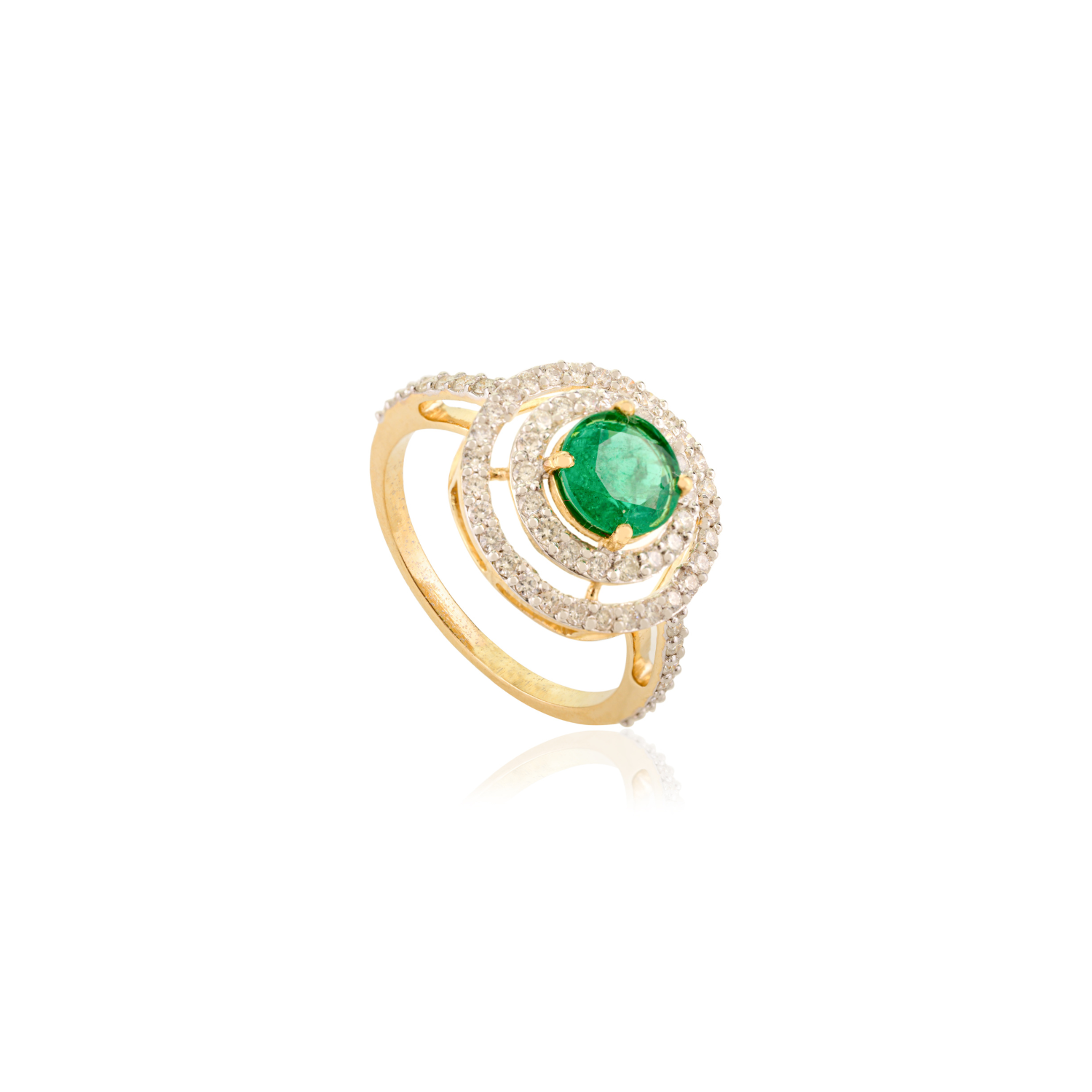 18K Yellow Gold Emerald Double Halo Diamond Ring