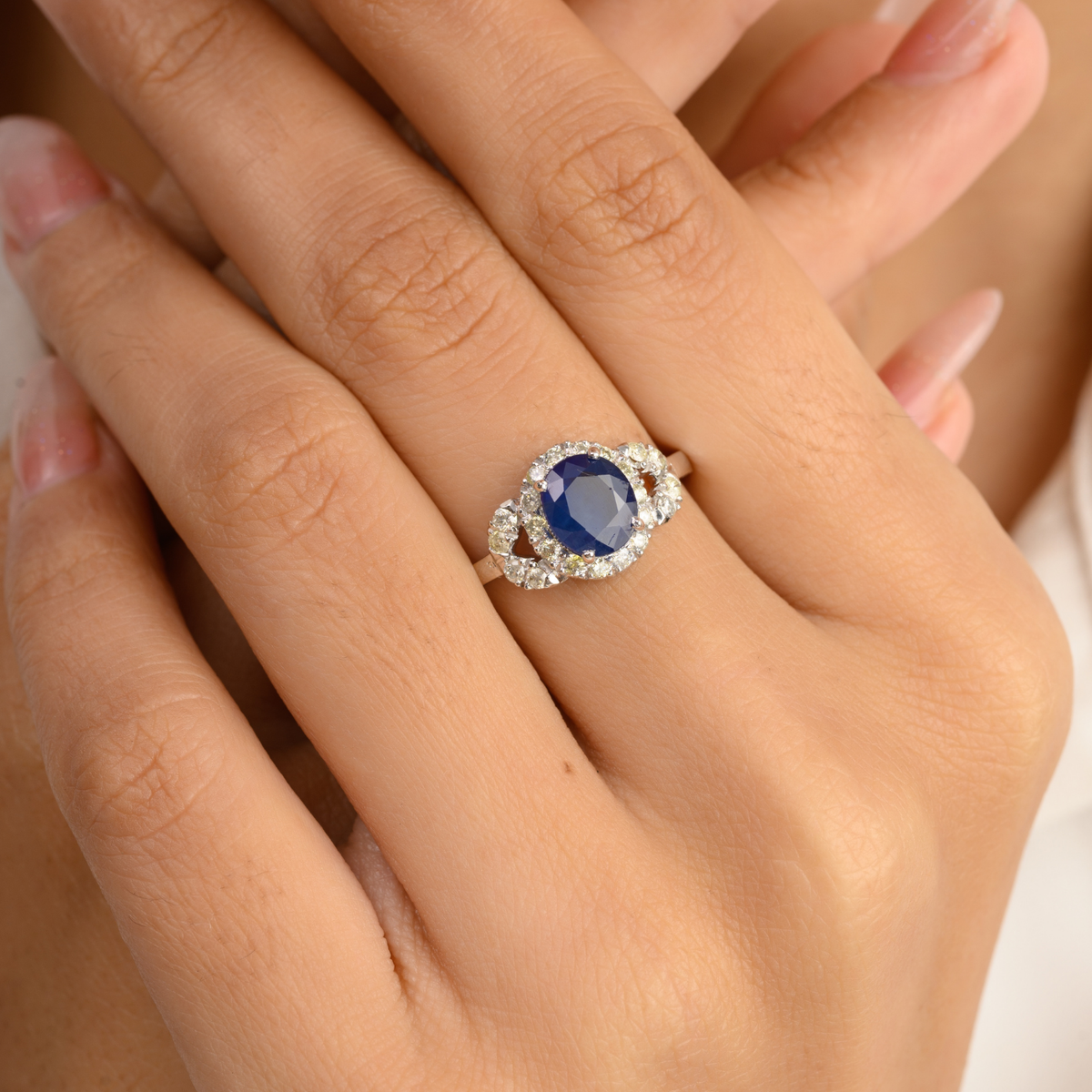 14K Solid White Gold Blue Sapphire Diamond Statement Ring - vrjewels-us