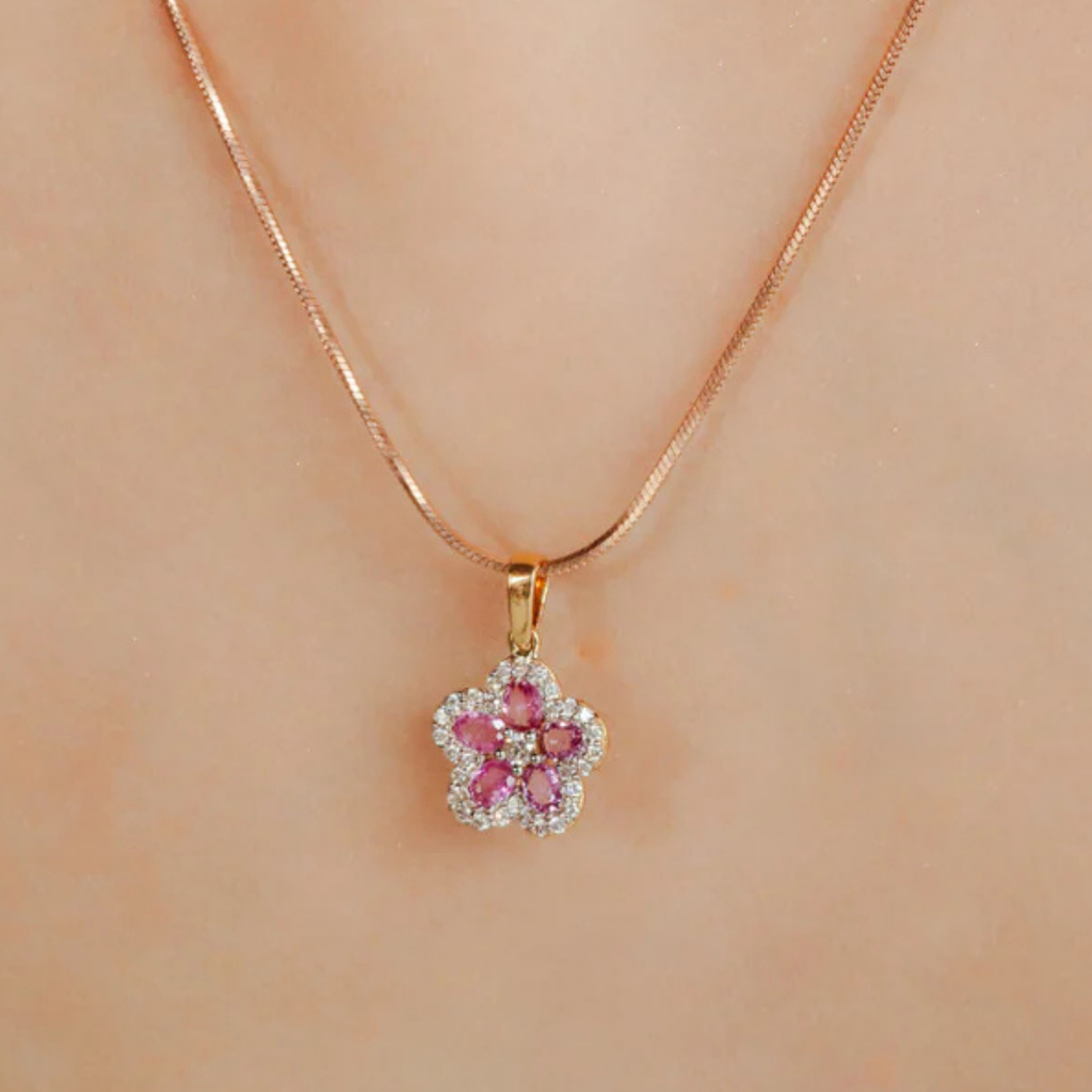 18K Gold Pink Sapphire Cherry Blossom Flower Pendant Image