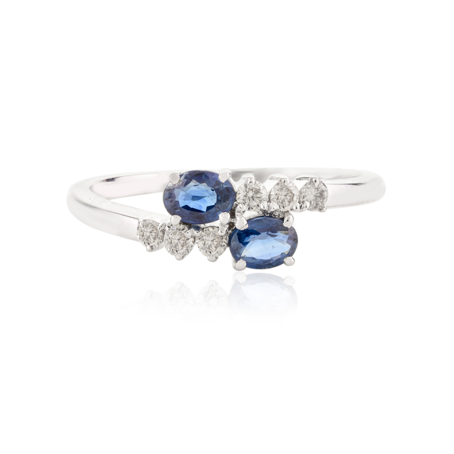 14K Solid White Gold Blue Sapphire Diamond Two Stone Ring - vrjewels-us