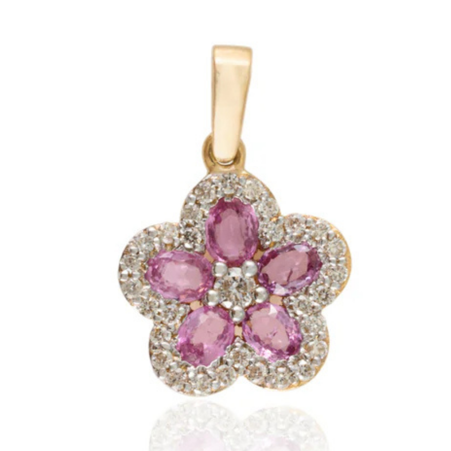 18K Gold Pink Sapphire Cherry Blossom Flower Pendant