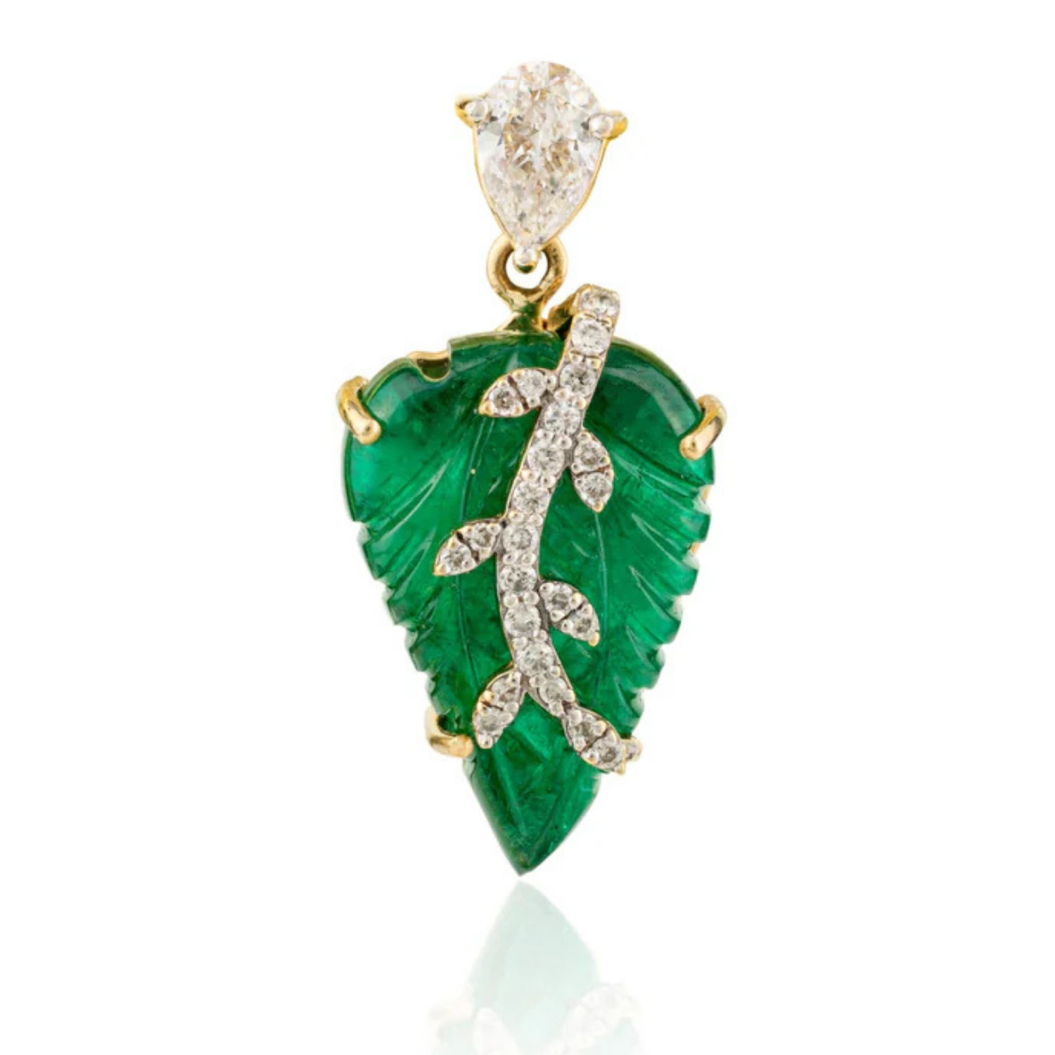 18K Solid Yellow Gold 9.99 Carat Carved Leaf Emerald Brooch Pendant