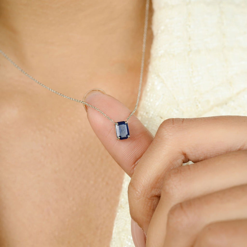 14k Solid Gold Blue Sapphire Pendant Necklace Image