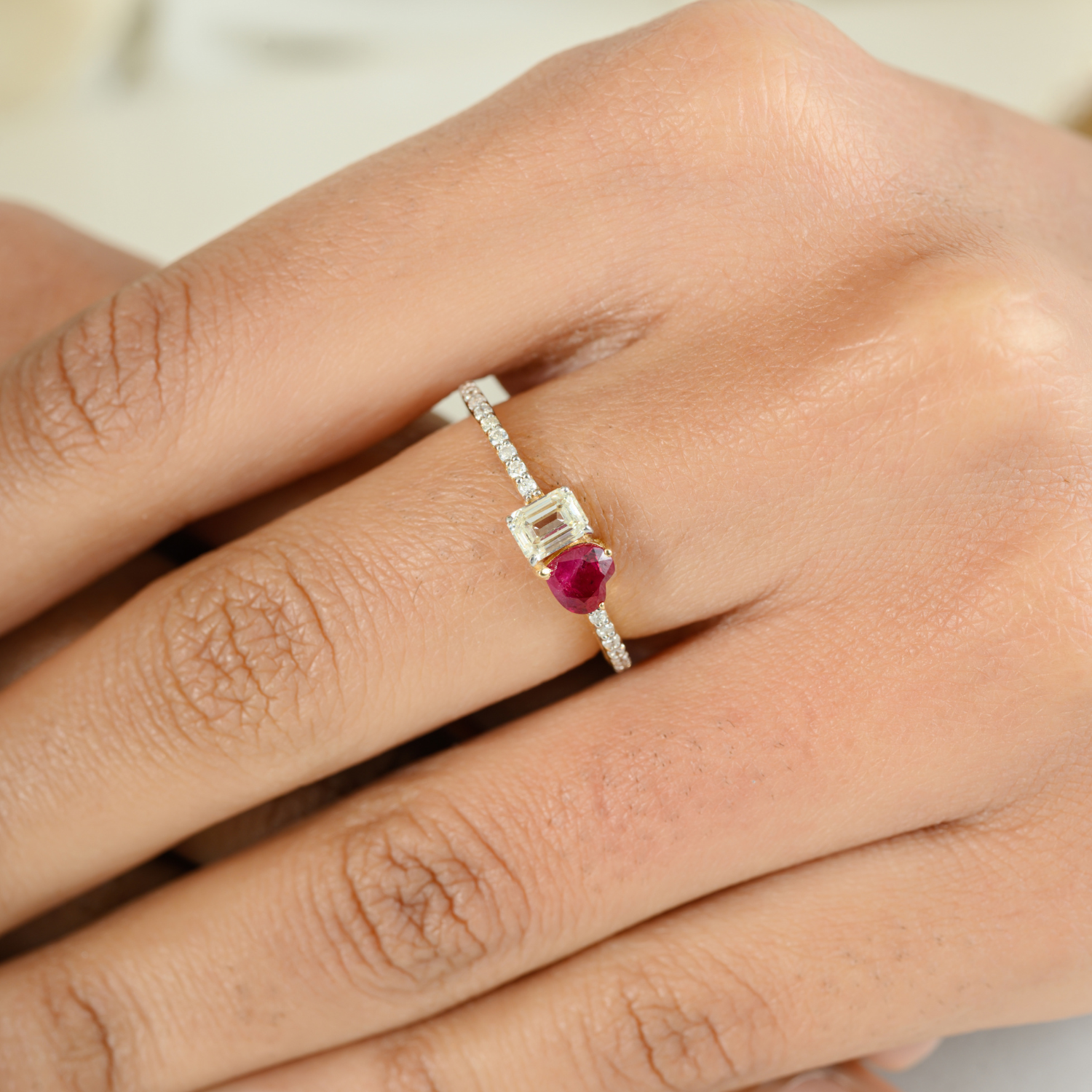 14K Solid Gold Ruby Diamond Toi et moi Ring