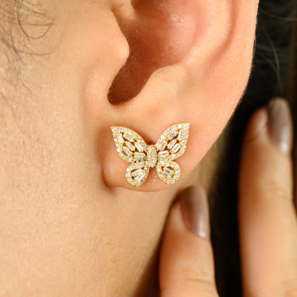 14K Yellow Gold Diamond Butterfly Stud Earrings Image