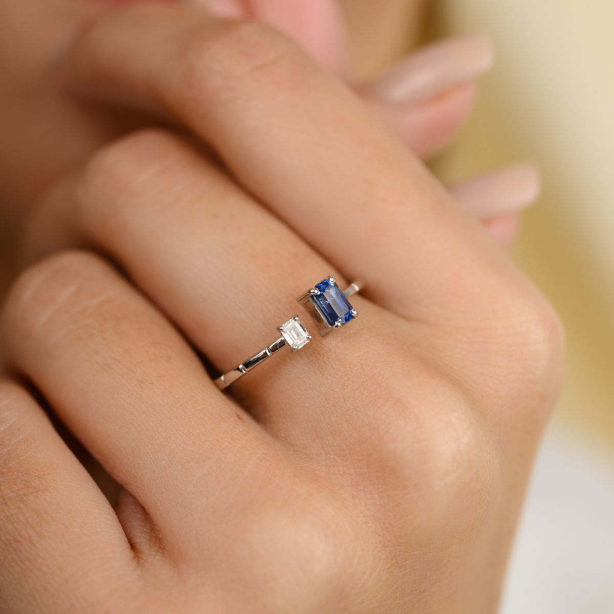 18K Gold Blue Sapphire & Diamond Open Ring - vrjewels-us