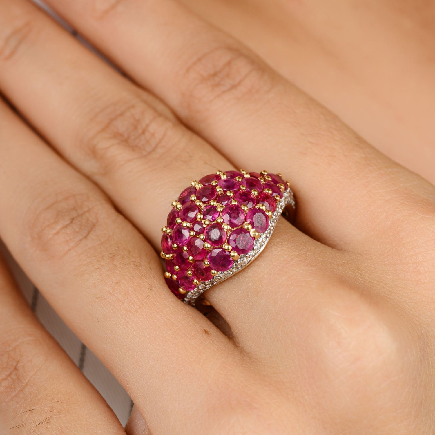 18K Solid Yellow Gold Ruby Cluster Ring