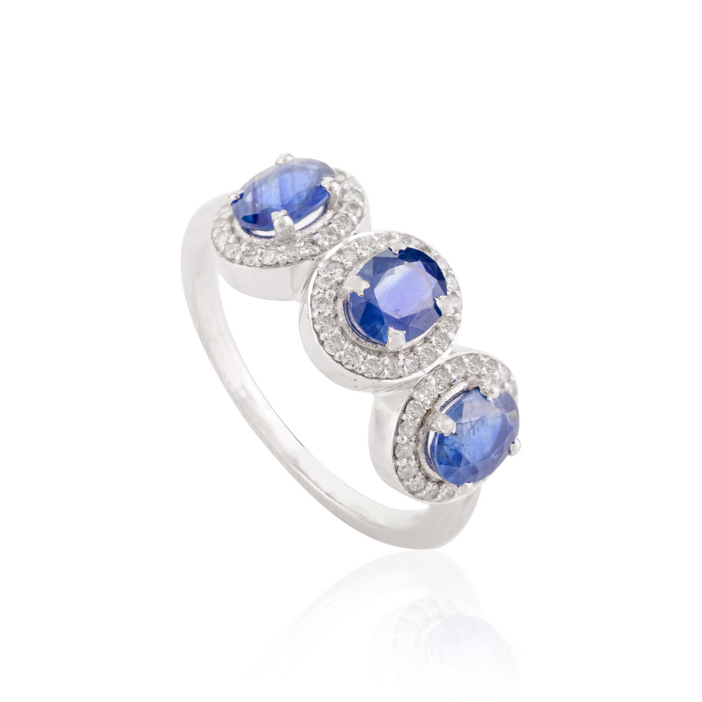 14K Gold Blue Sapphire & Diamond Three Stone Wedding Ring Image