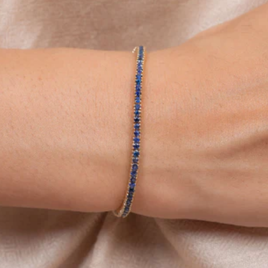 14K Solid Gold Blue Sapphire Tennis Bracelet Image