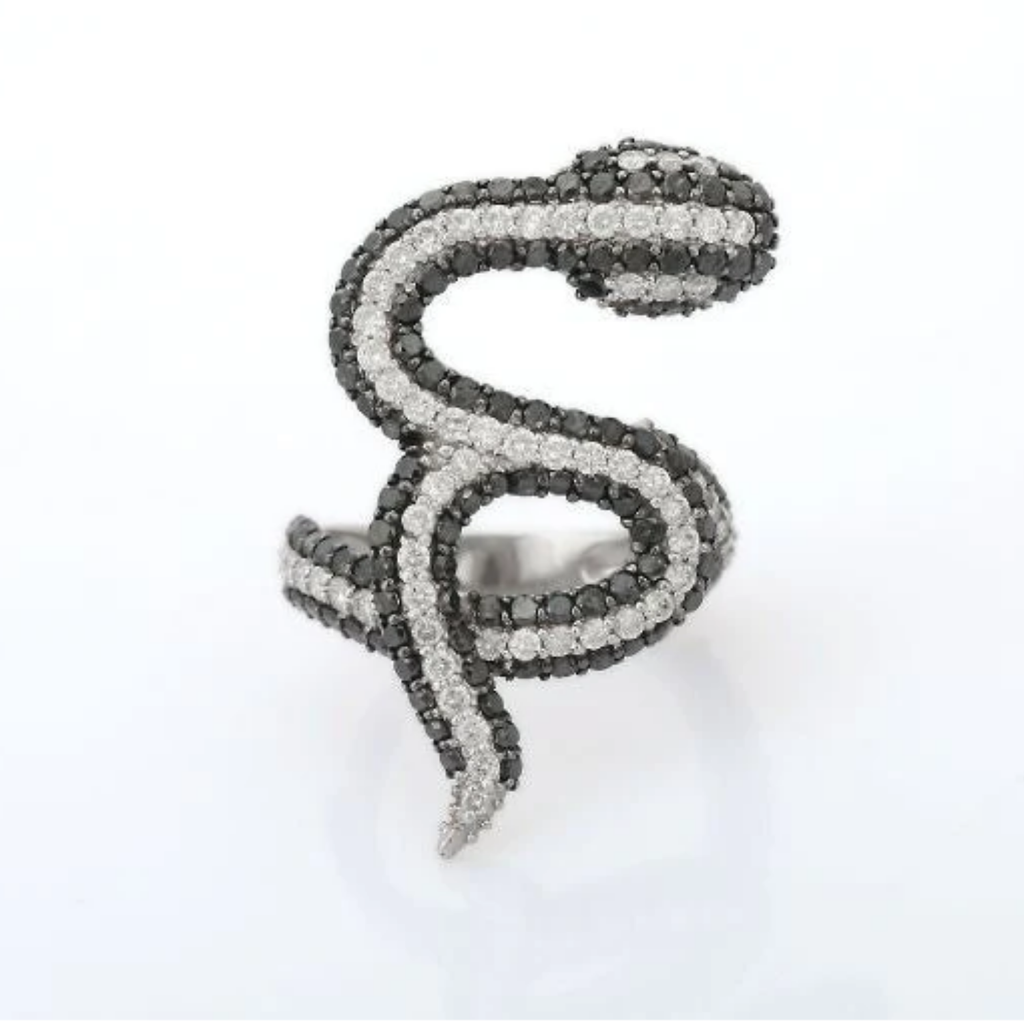 18K Gold Black & White Diamond Snake Ring Image