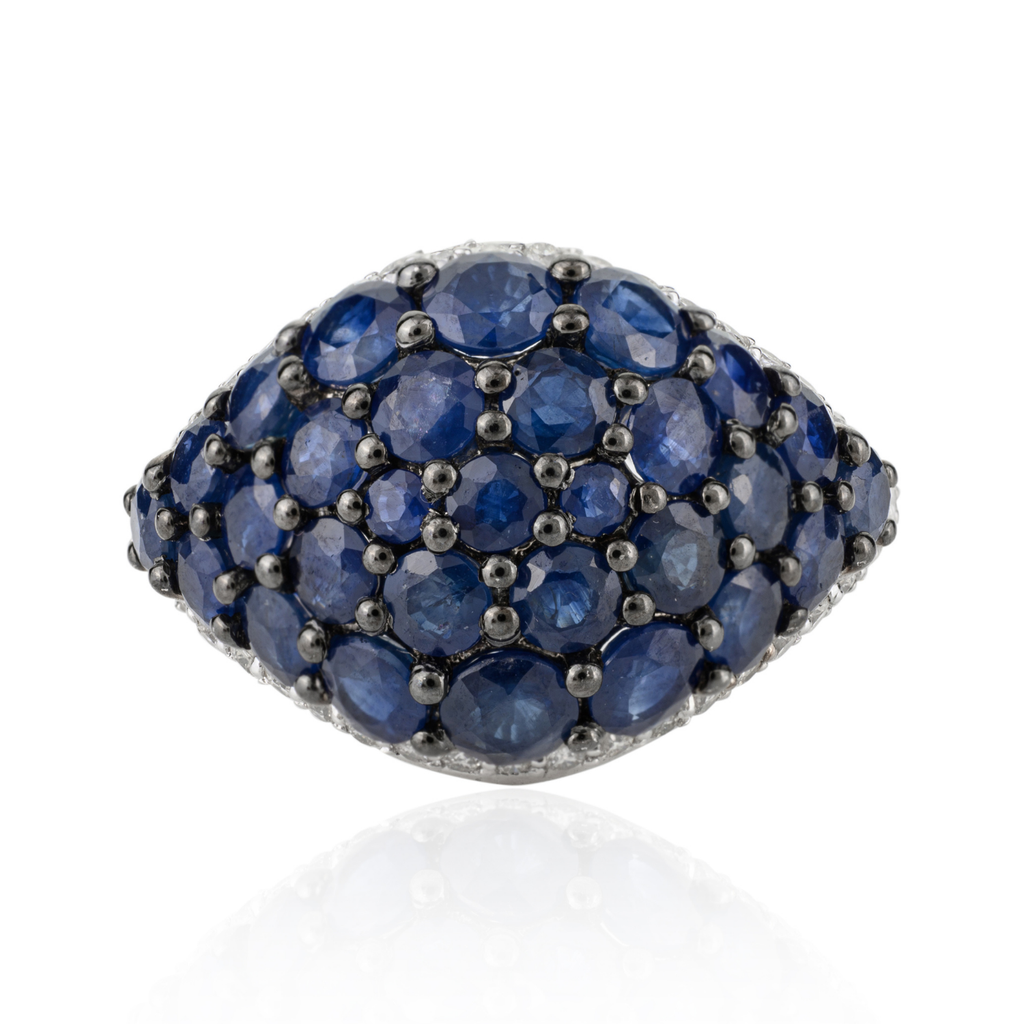 18K Solid White Gold Blue Sapphire Cluster Ring Image