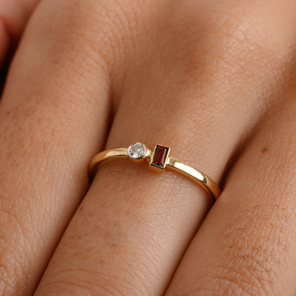 14K Gold Garnet Diamond Dainty Toi Et Moi Ring Image