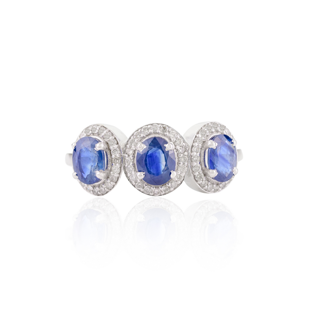 14K Gold Blue Sapphire & Diamond Three Stone Wedding Ring Image