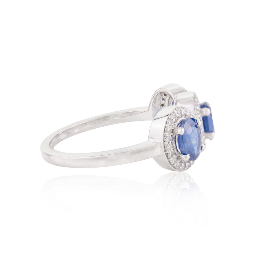 14K Gold Blue Sapphire & Diamond Three Stone Wedding Ring Image
